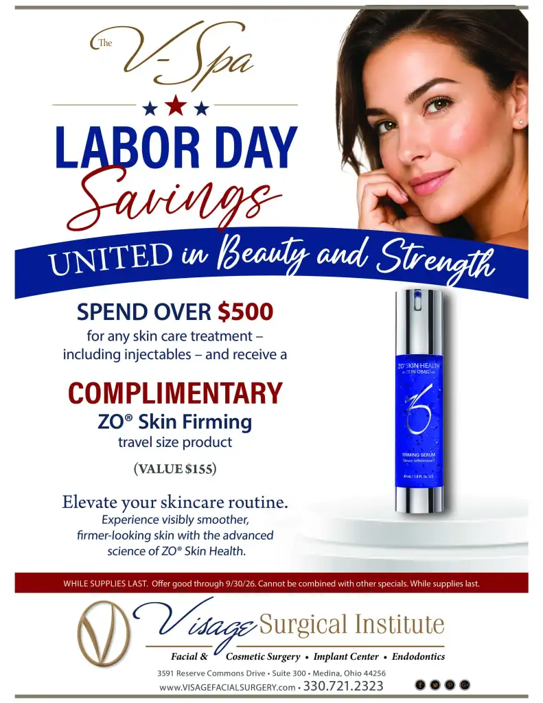 Visage Surgical Institute Labor Day Savings: spend over $500 on any skin care treatment including injectables and receive a complimentary ZO Skin Health firming travel-size product, a $155 value, through 9/30/26